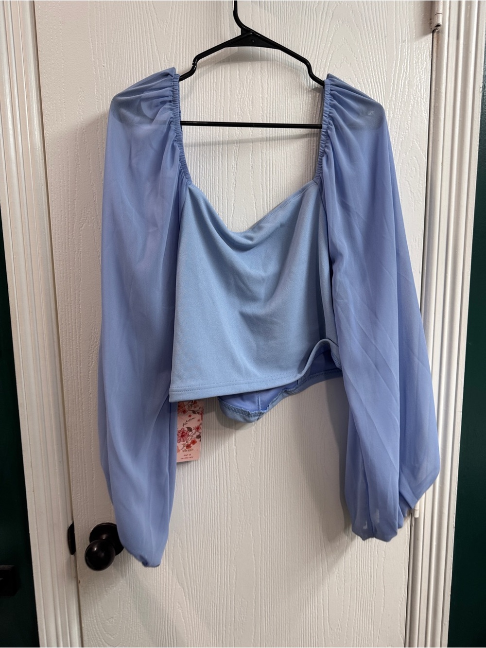 Light Blue Off-Shoulder Corset Top with Sheer Bishop Sleeves - Picture 2 of 3